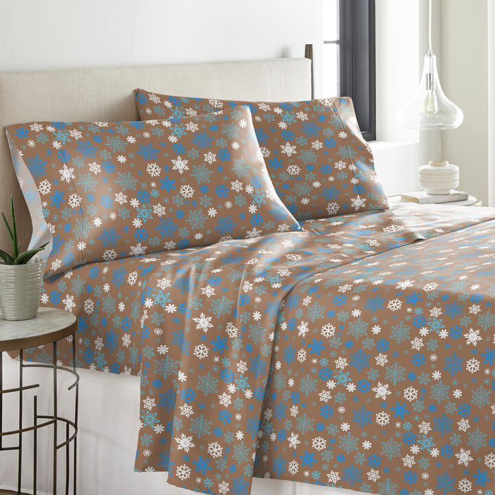 Pointehaven Heavy Weight 100% Cotton Snowflakes Brown Printed 170 GSM Flannel 4 pc Sheet Set, Full