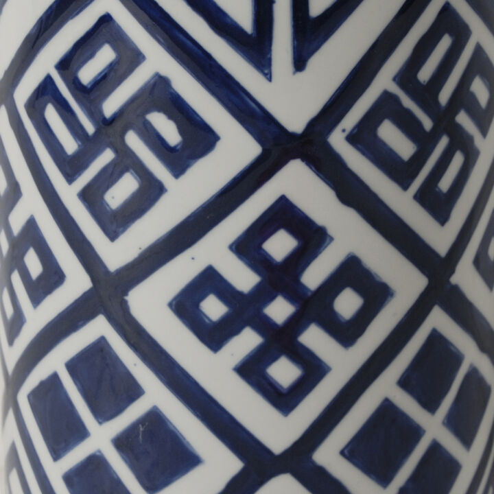 14 Inch Lidded Jar, Geometric Pattern, Cylindrical Blue and White Porcelain-Benzara