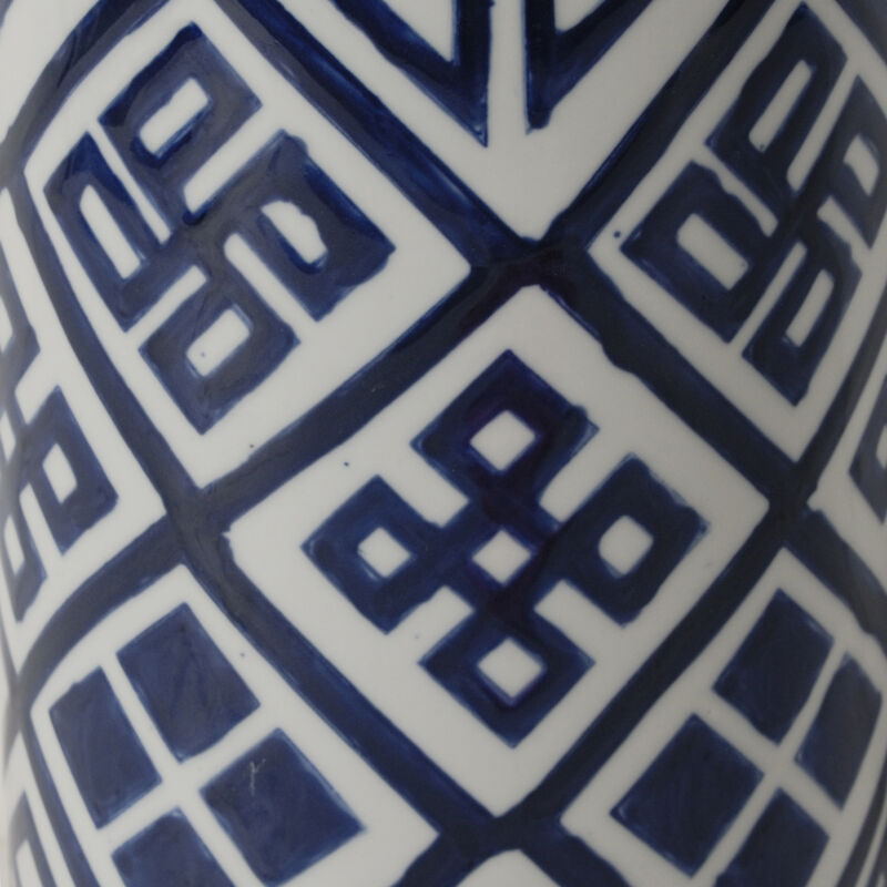 14 Inch Lidded Jar, Geometric Pattern, Cylindrical Blue and White Porcelain-Benzara