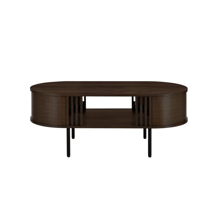 Brandon Cocktail Coffee Table with Inner Shelf, Oval Walnut Brown Wood - Benzara