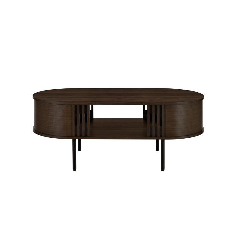 Brandon Cocktail Coffee Table with Inner Shelf, Oval Walnut Brown Wood - Benzara
