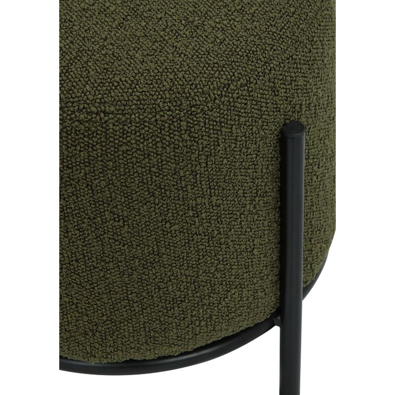 Aop 13 Inch Boucle Ottoman Stool, Round Cushioned Seat, Green Boucle, Black - Benzara