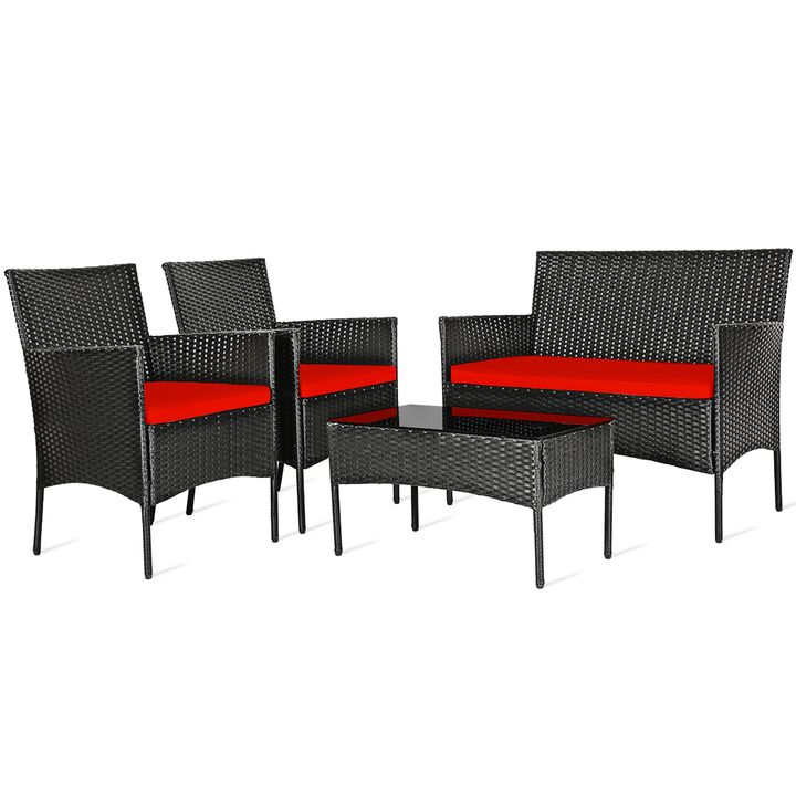 4 Pieces Patio Rattan Cushioned Sofa Set with Tempered Glass Coffee Table-Red