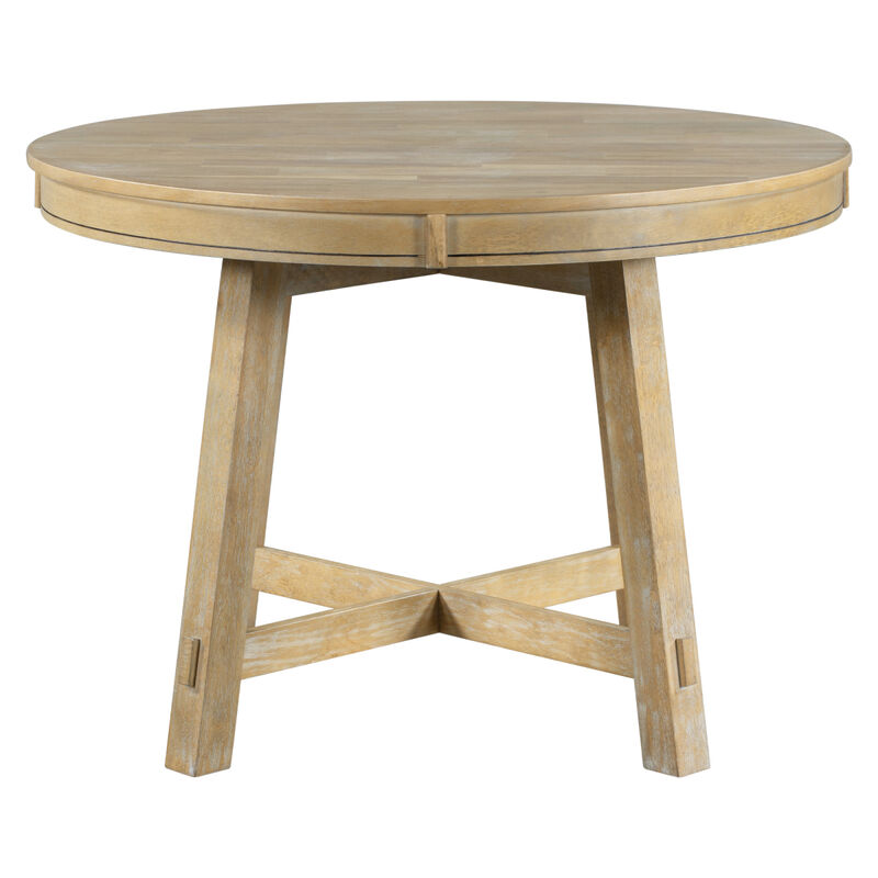 Farmhouse Round Extendable Dining Table With 16 Leaf Wood Kitchen Table