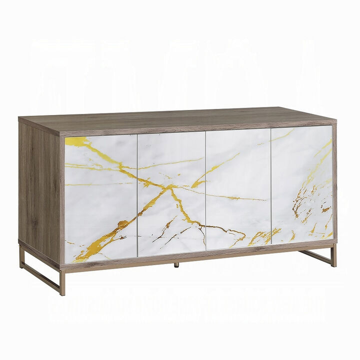 Avia Sideboard Console Cabinet, White Marble Look 4 Door Brown 65 Inch - Benzara