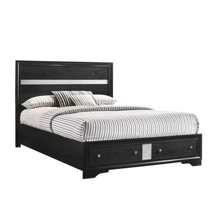 Benjara Regi King Size Bed, 2 Storage Drawers, Striped Headboard, Wood, Black and Silver
