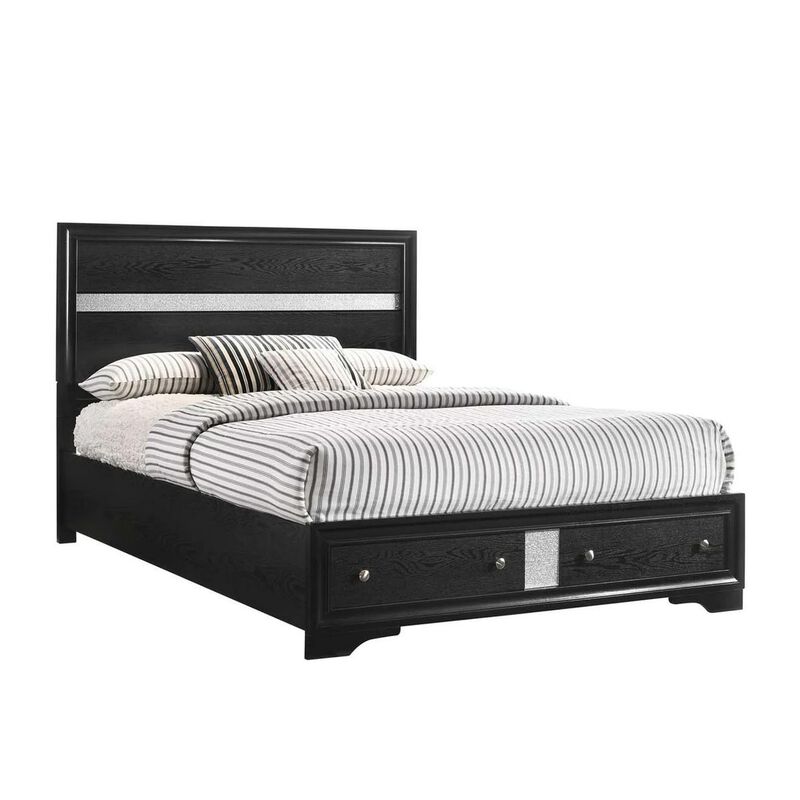 Benjara Regi King Size Bed, 2 Storage Drawers, Striped Headboard, Wood, Black and Silver