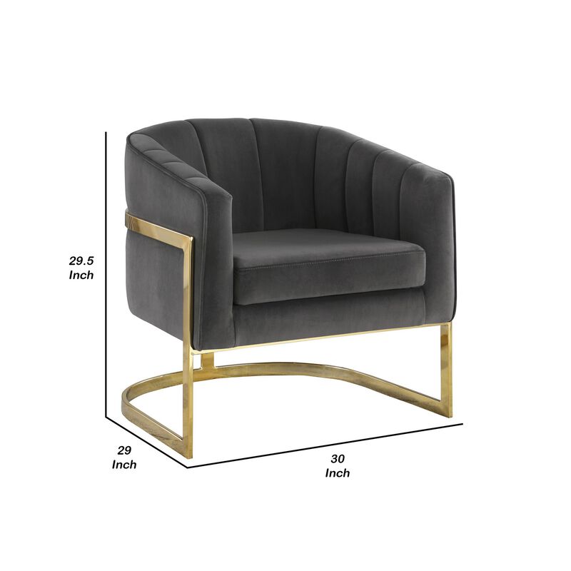 30 Inch Barrel Foam Accent Chair, Brushed Gold Floating Base, Gray Velvet-Benzara