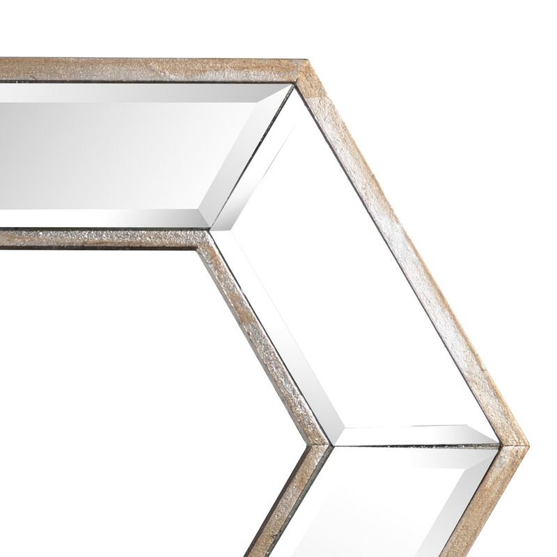 Toby 12 x 14 Inch Wall Mount Accent Mirror, Dual Hexagon Wood Frame, Brown-Benzara