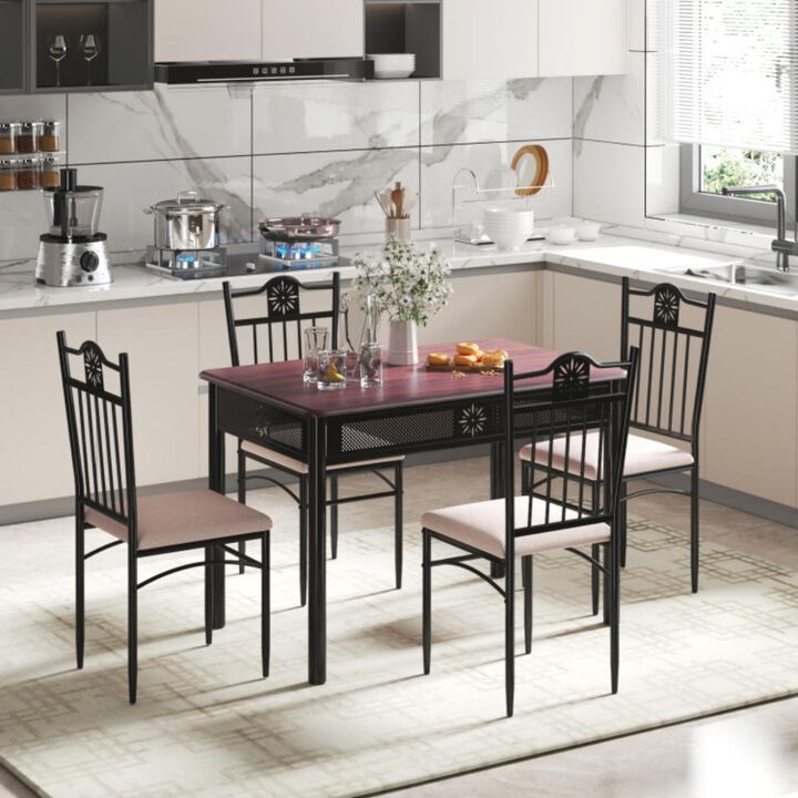 Hivvago 5 Pieces Dining Set Wood Metal Table and 4 Chairs with Cushions
