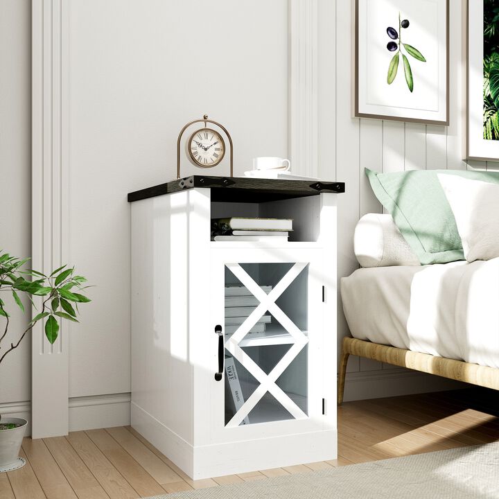 Mondawe Farmhouse Wooden Sofa Side Table,Bedside Table With Barn Door And Adjustable Shelf