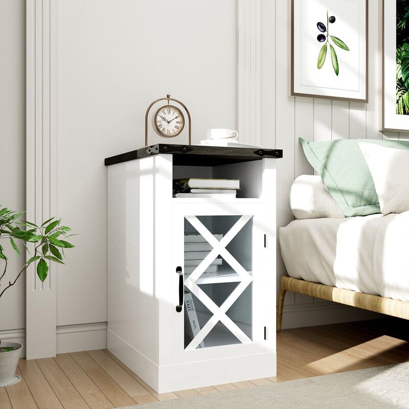 Mondawe Farmhouse Wooden Sofa Side Table,Bedside Table With Barn Door And Adjustable Shelf