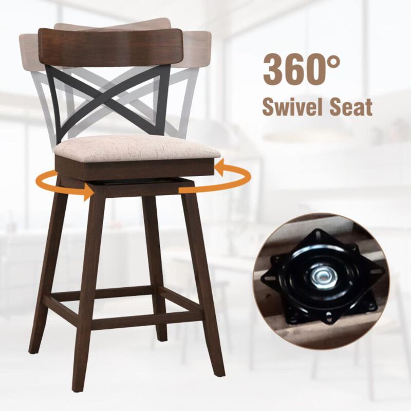 Hivvago Set of 2 Wooden Swivel Bar Stools with Cushioned Seat and Open X Back