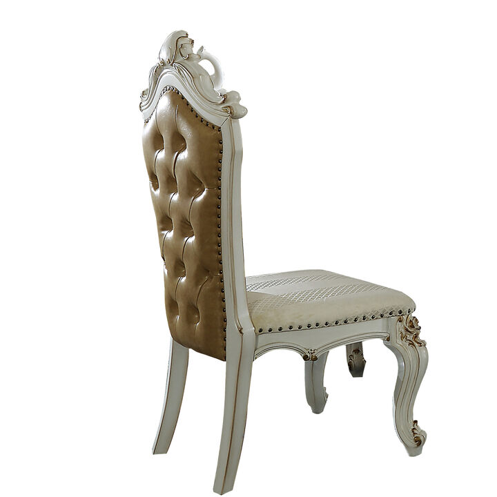 Leatherette Button Tufted Wooden Side Chairs, Set of 2,White and Brown-Benzara