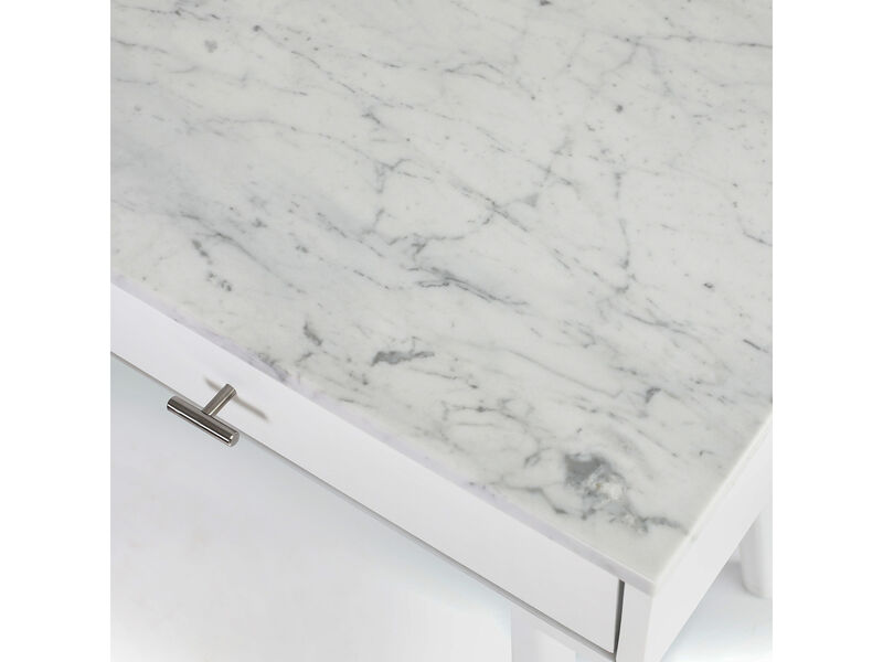 Viola 44"L x 15"W x 30"H Rectangular Italian Carrara White Marble Writing Desk with Oak Legs