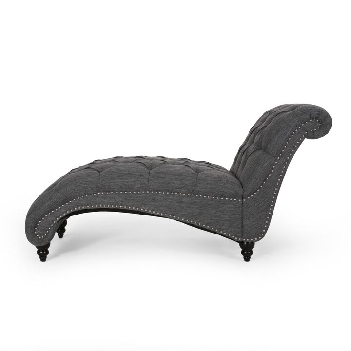 Curb Chaise Lounger, 64 Inch, Button Tufted Diamond Stitch, Charcoal Gray