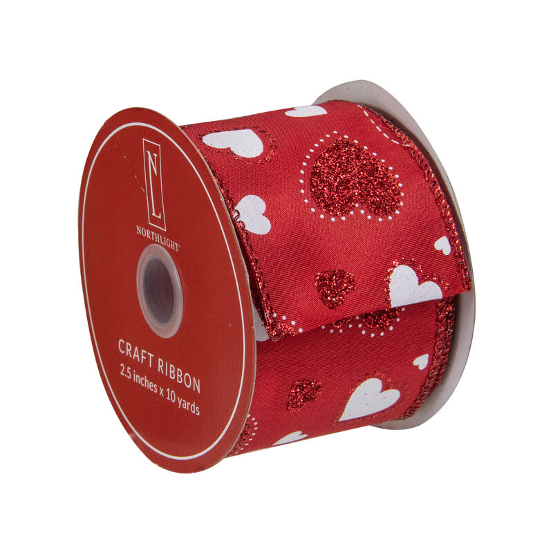 Red and White Glitter Hearts Valentine's Day Wired Craft Ribbon 2.5" x 10 Yards