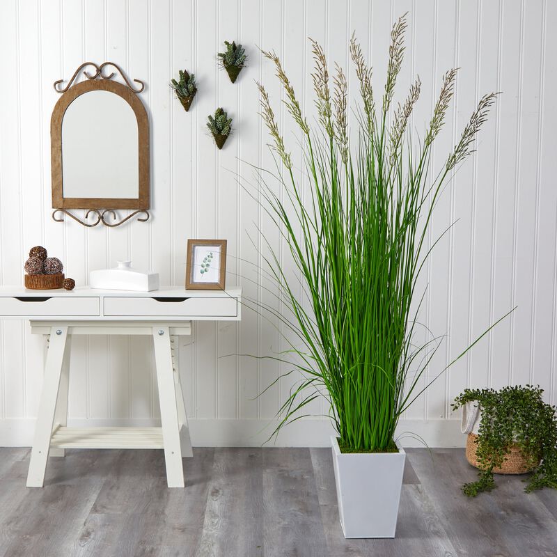 Hivvago 75" Grass Artificial Plant in White Metal Planter