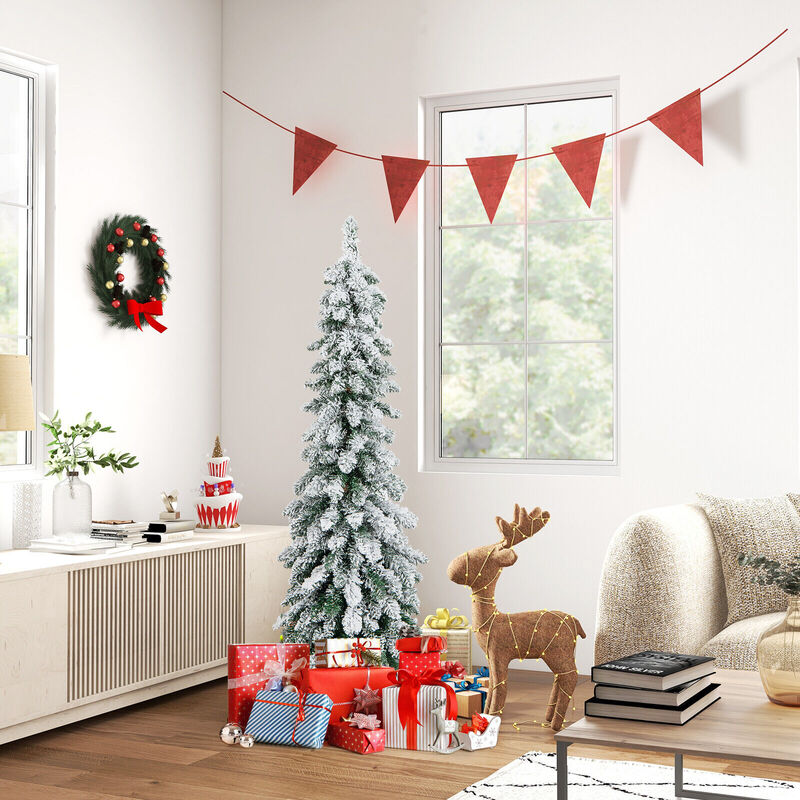 Pre-Lit Artificial Christmas Tree Snow-Flocked Slim Pencil Xmas Decor