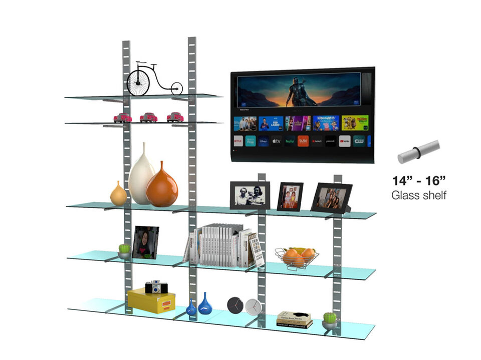 Trendy  Living Room Shelving System 91" & 46" High with 8 Glass Shelves 48" Length 14"-16" Width | 3 Sections- Shelves Sold Separately