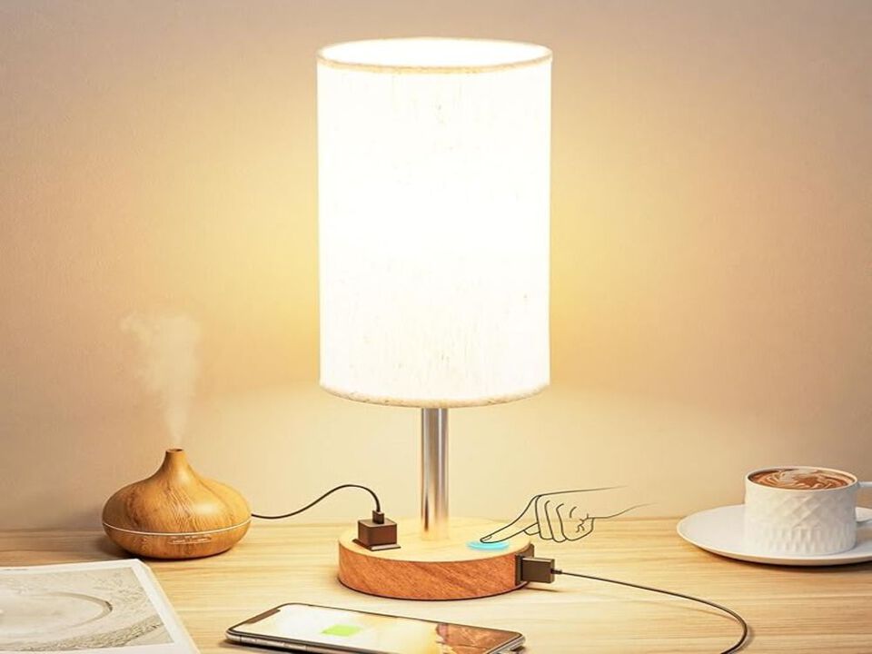 3-Way Dimmable Touch Bedside Lamp with USB-C, AC Outlet, Wood Base & LED Bulb