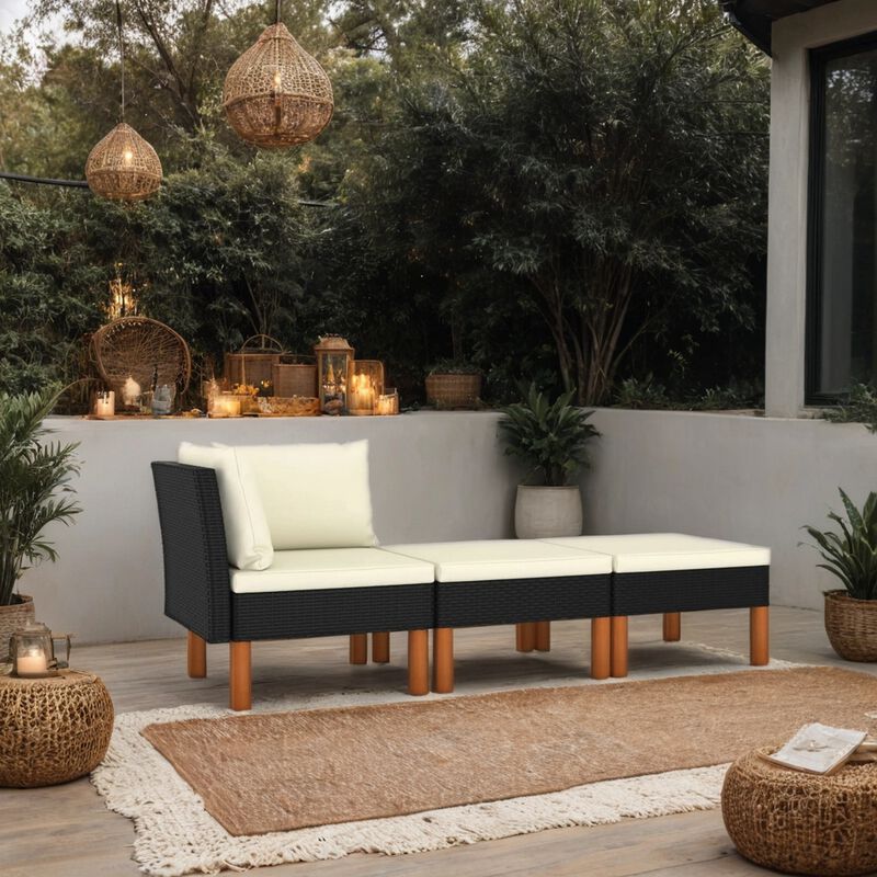 3pc Outdoor Modular Corner Sofa Set, Black Poly Rattan Ivory Polyester - Benzara