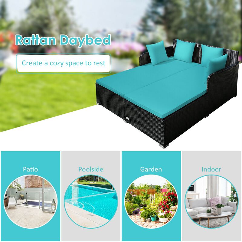 Spacious Outdoor Rattan Daybed with Upholstered Cushions and Pillows