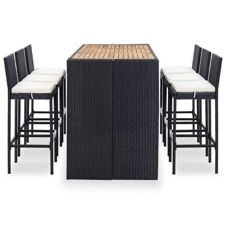 7pc Outdoor Bar Table and 6 Chairs Set, White Cushions, Black Rattan - Benzara