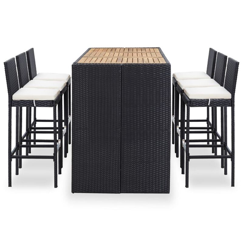 7pc Outdoor Bar Table and 6 Chairs Set, White Cushions, Black Rattan - Benzara