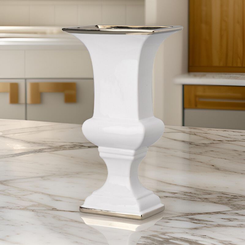 14 Inch Decorative Ceramic Vase, Artistic Turned Urn, White and Gold Rim-Benzara