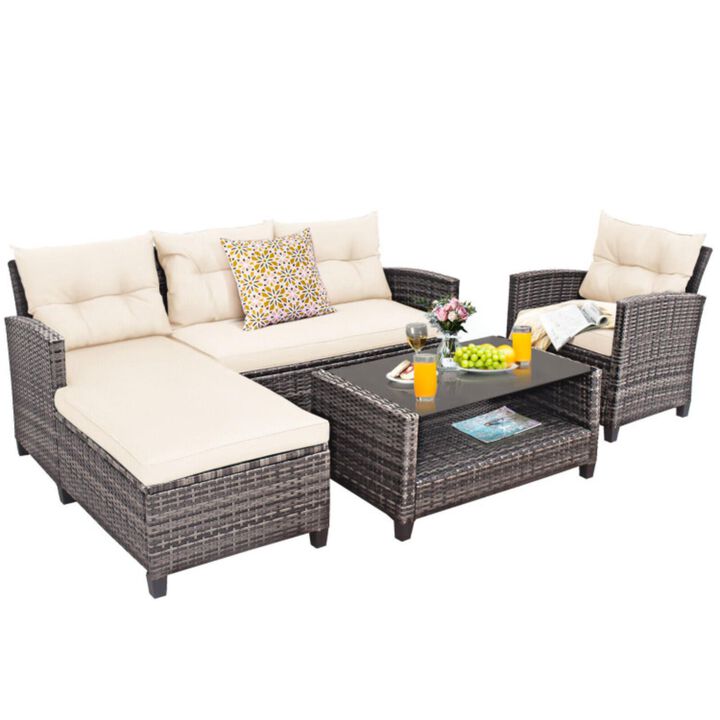 Hivvago 4 Pieces Patio Rattan Furniture Set with Cushion and Table Shelf
