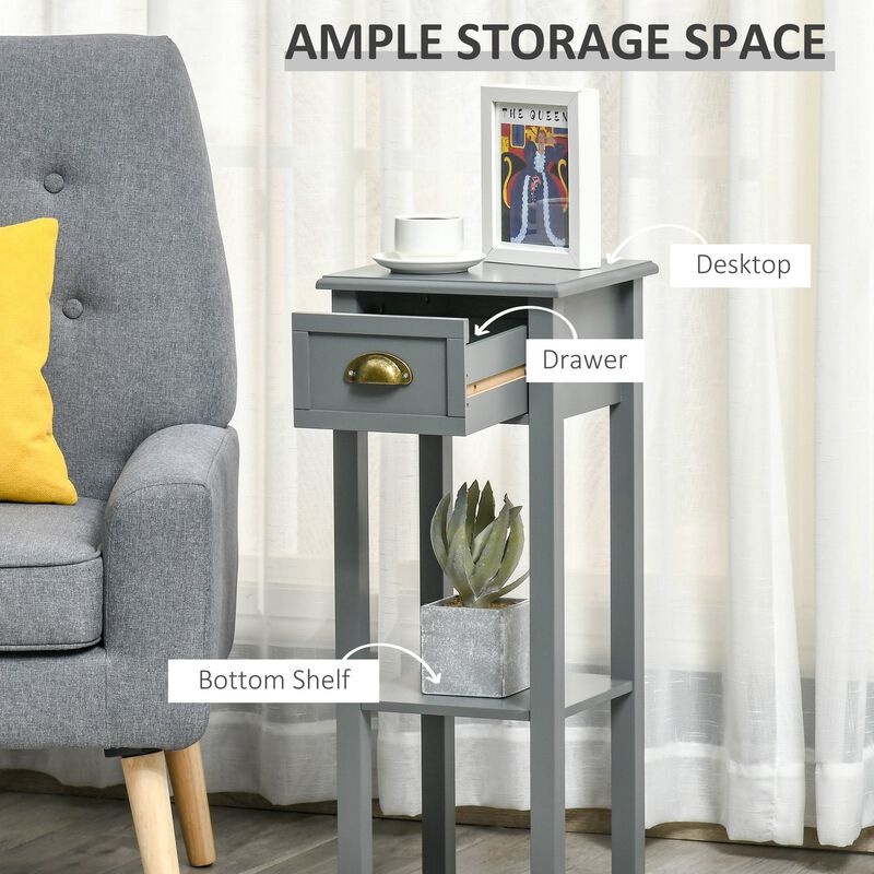 Gray Narrow Nightstand: 2-Tier Tall Side Table with Drawer and Shelf