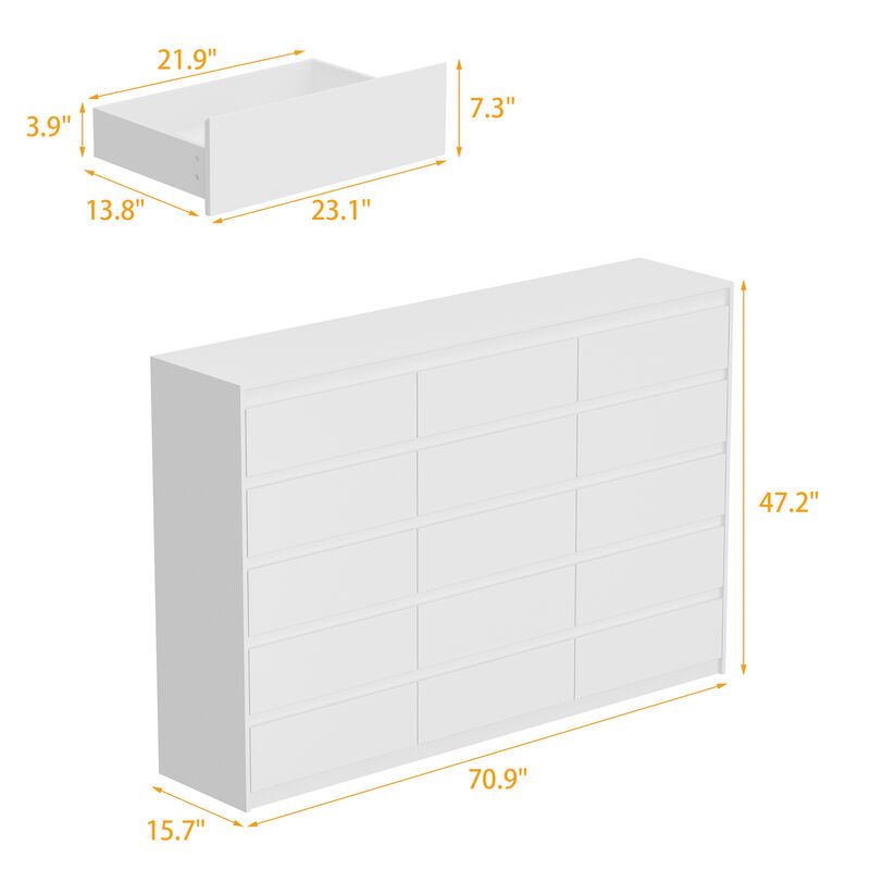 70.9"  Storage Dresser with 15 Handleless Drawers, White Chest of Drawers, Modern Wooden Double Dresser for Bedroom Living Room