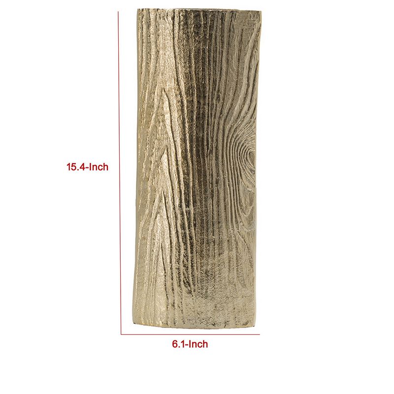 15 Inch Modern Vase, Naturalistic Tree Trunk Texture, Shiny Gold Finish - Benzara