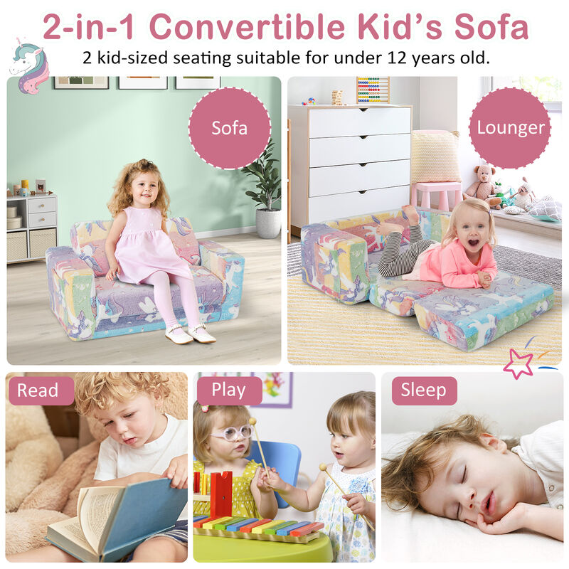 2-in-1 Flip Out Kids Sofa Chair with Detachable Flannel Fabric Cover and Glowing Patterns