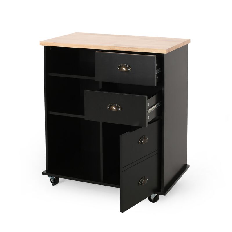 Rolling Kitchen Island Bar Cart w Drawers, Shelves, Brown n Black - Benzara