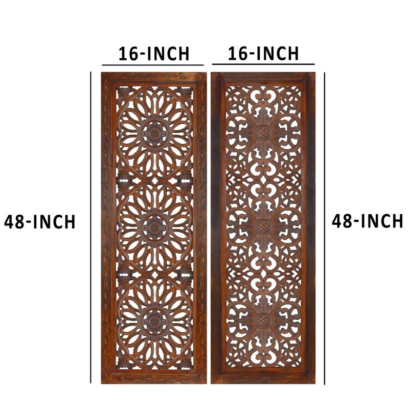 2 Piece Mango Wood Wall Panel Set with Mendallion Carving, Burnt Brown-Benzara