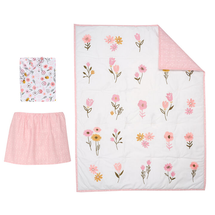 Lambs & Ivy Little Garden 3-Piece Embroidered Floral Baby Crib Bedding Set