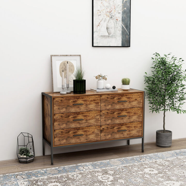 Rustic Brown 6 Drawer Double Dresser with Steel Frame