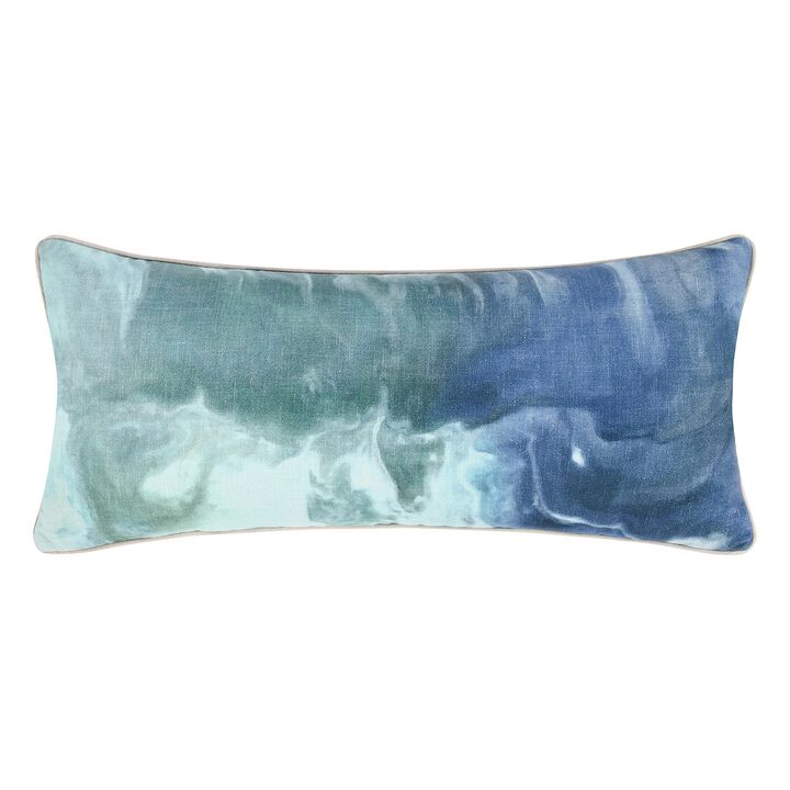 Lumbar Throw Pillow, Hand Painted Style Artwork, 16x36in Blue Cotton - Benzara