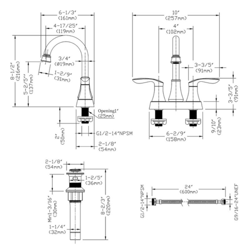2-Handle Bathroom Faucet with Pop-Up Drain & Supply Hoses for Modern Vanity Sinks