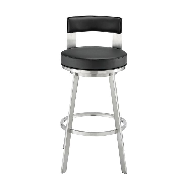 Ami 30 Inch Swivel Barstool Chair, Black Faux Leather, Stainless Steel - Benzara