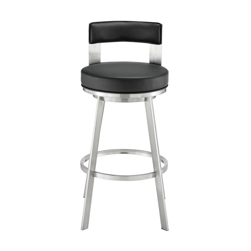 Ami 30 Inch Swivel Barstool Chair, Black Faux Leather, Stainless Steel - Benzara