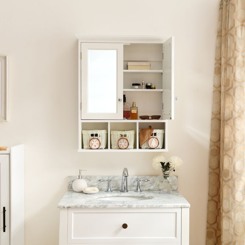 White Wood Wall Cabinet with Mirrored Doors & Storage Baskets