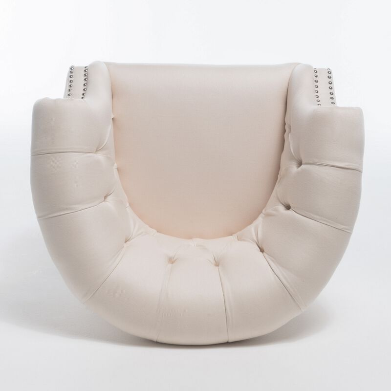 37 Inch Accent Club Chair, High Tufted Back, Studded Arms, Beige Fabric