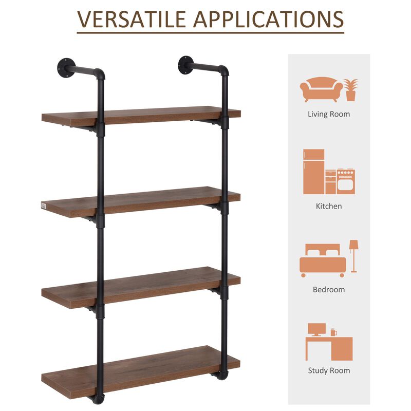 Rustic Floating Shelves: 4-Tier Industrial Pipe Wall-Mounted Rack