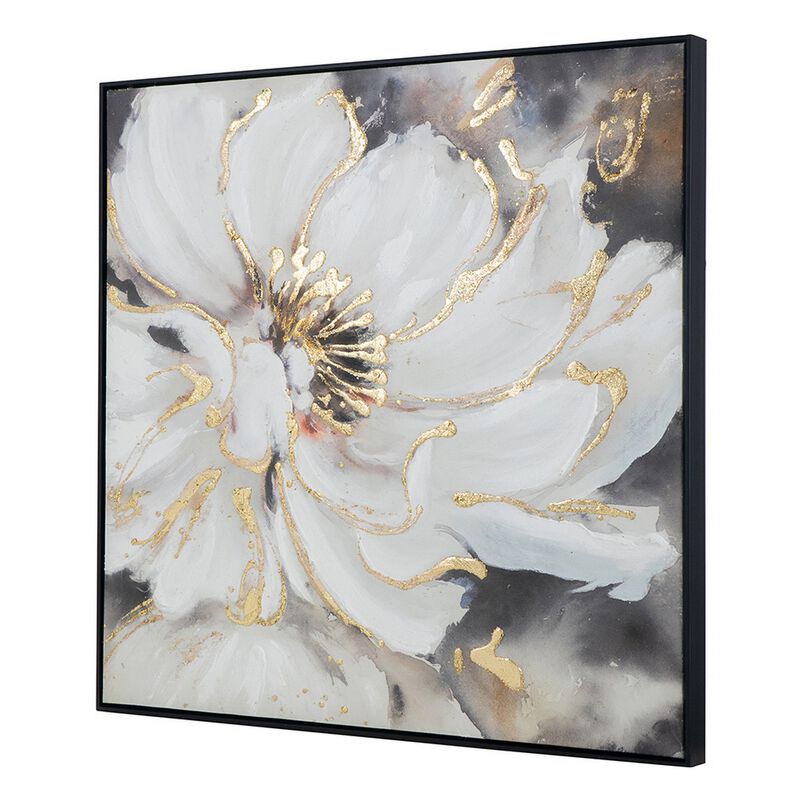 36 x 36 Inch Framed Wall Art, Floral Oil Painting On Canvas, White Gold - Benzara