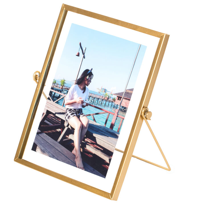 Modern Metal Floating Tabletop Photo Picture Frame with Glass Cover and Easel Stand, Gold 5" x 7"