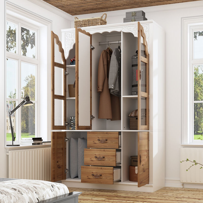 75.7 in. H Paint Finish Wooden Accent Storage Cabinet in Brown and White, Rustic Style, With Mirror Doors and Drawer