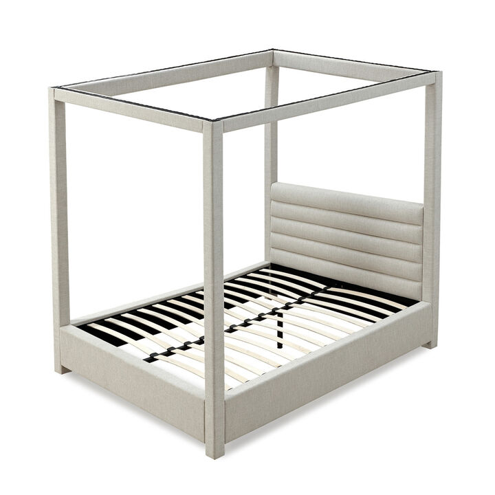 Riu King Size Canopy Bed, Panel Headboard with Tufted Gray Linen Upholstery - Benzara